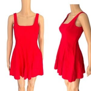 Red linen mini dress A-line square neck fit and flare